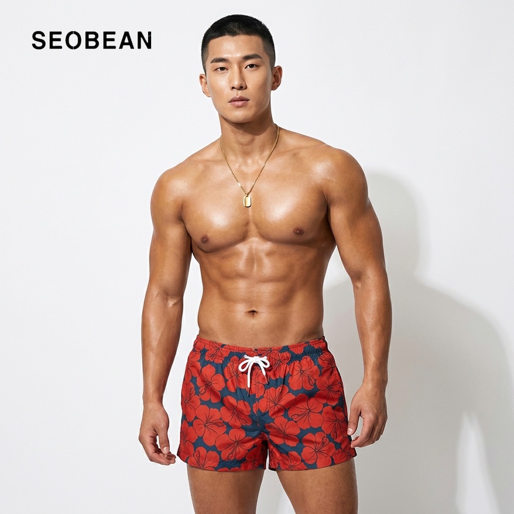 Seobean Men's Red Hibiscus Swim Trunks / Shorts — Size XL